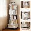 5 Tier Rotating Bookshelf With Wheels And Drawer, 360° Spinning Design, Space Saving Storage, For Home And Office - White - Image 9