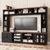 Wall Unit Entertainment Center With Bookshelves For TVs Up To 80", Modern TV Stand Media Console With Cabinets, Tempered Glass Doors And Adjustable Shelves For Living Room - Black - Image 3