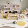 3 In 1 Kids Study Table & Chairs Set Multi Functional Activity Table With Detachable Blackboard Top - Natural Wood - Image 2
