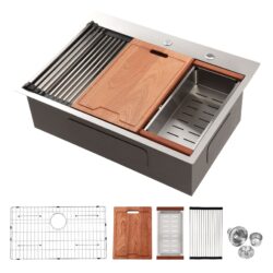 30" Drop In Kitchen Sink With Workstation Features, 16 Gauge Stainless Steel - Black / Gray