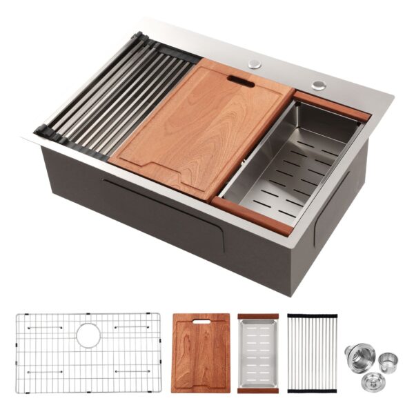 30" Drop In Kitchen Sink With Workstation Features, 16 Gauge Stainless Steel - Black / Gray
