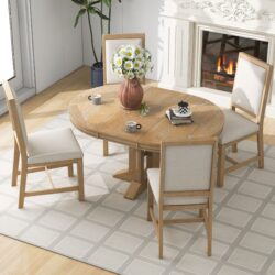 Farmhouse 5 Piece Dining Set With Extendable Round Table And Upholstered Chairs - Natural Wood Wash