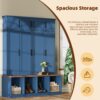 Farmhouse Hall Tree With 4 Hidden Hanging Hooks, Versatile Seating Bench With 8 Doors, Entryway Shoe Cabinet With Open Compartments For Living Room - Blue - Image 6