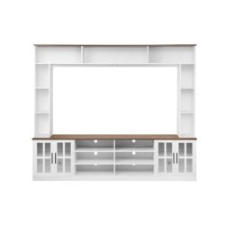 Wall Unit Entertainment Center With Bookshelves For TVs Up To 80", Modern TV Stand Media Console With Cabinets, Tempered Glass Doors And Adjustable Shelves For Living Room - White