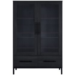 Modern Style Tall Display Cabinet With LED Lighting, Tempered Glass Door, 2 Drawers - Black