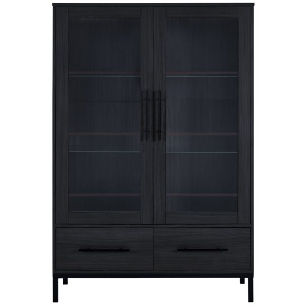 Modern Style Tall Display Cabinet With LED Lighting, Tempered Glass Door, 2 Drawers - Black