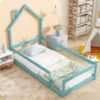 Twin Size Wood Bed With House-Shaped Headboard Floor Bed With Fences - Light Blue - Image 3