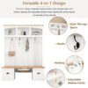 Farmhouse 4 In 1 Hall Tree With Wood Grain Bench And Top, Multifunctional Coat Rack With Hooks And Shell Handles, Mudroom Bench With Adjustable Shelves For Hallway, Living Room - White - Image 5