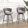 28" Bar Chair Linen Woven Bar Stool (Set of 2) Upholstered With Legs, 360 Swivel, Counter Arm Chairs With Back Footrest - Gray - Image 2