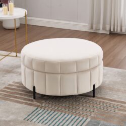 Upholstered Round Ottoman With Reversible Lid, Storage Stool, Channel Tufted Pumpkin Shape Footstool For Living Room, Bedroom And Office - Beige