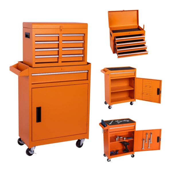 Tool Chest, 5 Drawer Rolling Tool Storage Cabinet With Detachable Top Tool Box, Liner, Universal Lockable Wheels - Orange