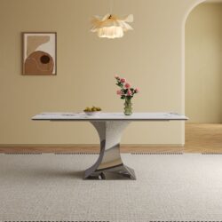 Modern Rectangular Dining Table With Stainless Steel Titanium Hourglass Base, Sintered Stone Top - Black White