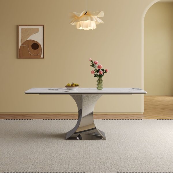 Modern Rectangular Dining Table With Stainless Steel Titanium Hourglass Base, Sintered Stone Top - Black White