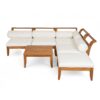 6 Piece Patio Sofa Set, Acacia Wood Outdoor Modular Sectional Garden Furniture Set L Shaped Conversation Set, Convertible Daybed With Tea Table, Ottoman, 5 Cushions And Pillows - Teak / Beige - Image 6