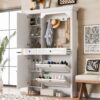 Hall Tree With Integrated Shoe Cabinet And Mirrored Cabinet Door, Coat Hanger, Entryway Bench, 4 In 1 Design, 2 Flip Drawers, 4 Hooks And 2 Cabinets For Entrance, Living Room - White - Image 5