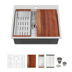 25" Drop In Kitchen Sink Stainless Steel 16 Gauge Workstation Single Bowl - Gray