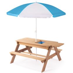 3-In-1 Kids Outdoor Wooden Picnic Table With Umbrella, Convertible Sand & Water, ASTM & CPSIA Certification - Natural Wood