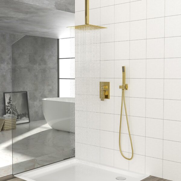 Dual Shower Head System With Ceiling Mount And Rough In Valve - Gold