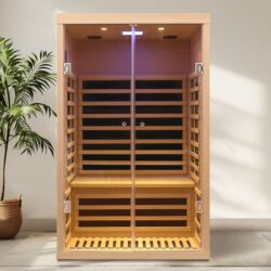 Low Emf 2 Person Wide Space Hemlock, Double Doors Great Glass Luxury Indoor Far Infrared Sauna Room - Natural Wood