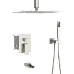 16" Ceiling Mount Square Shower System With Waterfall Tub Spout And Rough In Valve - Brushed Nickel