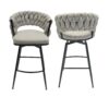 28" Bar Chair Linen Woven Bar Stool (Set of 2) Upholstered With Legs, 360 Swivel, Counter Arm Chairs With Back Footrest - Gray - Image 4
