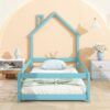 Twin Size Wood Bed With House-Shaped Headboard Floor Bed With Fences - Light Blue - Image 2