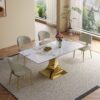Modern Rectangular Dining Table For 6 - 8, Plated Hourglass Base, Sintered Stone Top - Gold / White - Image 9
