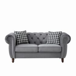 Chesterfield Velvet Upholstery Fabric Sofa With Roll Armrest And Nailhead, Mid Century Modern 2 Seater Couch - Gray