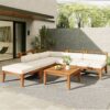6 Piece Patio Sofa Set, Acacia Wood Outdoor Modular Sectional Garden Furniture Set L Shaped Conversation Set, Convertible Daybed With Tea Table, Ottoman, 5 Cushions And Pillows - Teak / Beige - Image 2