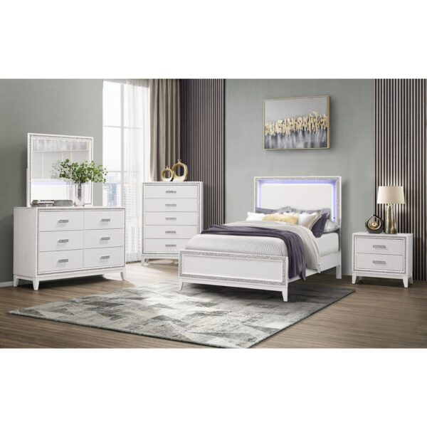 Almera - 5 Pieces Full Bedroom Set With LED Lit Headboard And Glitter Detailing - White
