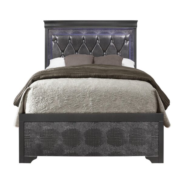 Shaker - Full 5 Pieces Bedroom Set With Crystal Inspired Tufted Headboard And LED Lighting - Gray