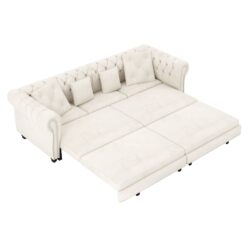 3 In 1 Pull Out Sofa Bed, Convertible Sleeper Sofa Bed, King Size Sofa Bed, Chaise Lounge, Velvet T3 Seater Sofa With Movable Ottoman, Tufted Design - Beige