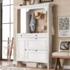 Hall Tree With Integrated Shoe Cabinet And Mirrored Cabinet Door, Coat Hanger, Entryway Bench, 4 In 1 Design, 2 Flip Drawers, 4 Hooks And 2 Cabinets For Entrance, Living Room - White - Image 2