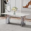 Modern Minimalist Dining Table With Imitation Marble Glass Desktop And Metal Legs - Silver / White - Image 2
