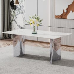 Modern Minimalist Dining Table With Imitation Marble Glass Desktop And Metal Legs - Silver / White