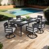 7 Piece Outdoor Patio Furniture, Modern Dining Set, 6 Swivel Chairs Rockers Sunbrella Fabric And Rectangle Dining Table With Umbrella Hole - Ember Black - Image 4
