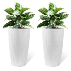 Faux Rattan Tall Planters Set With Water Level Monitor And Automatic Watering, Polypropylene - Black / Gray