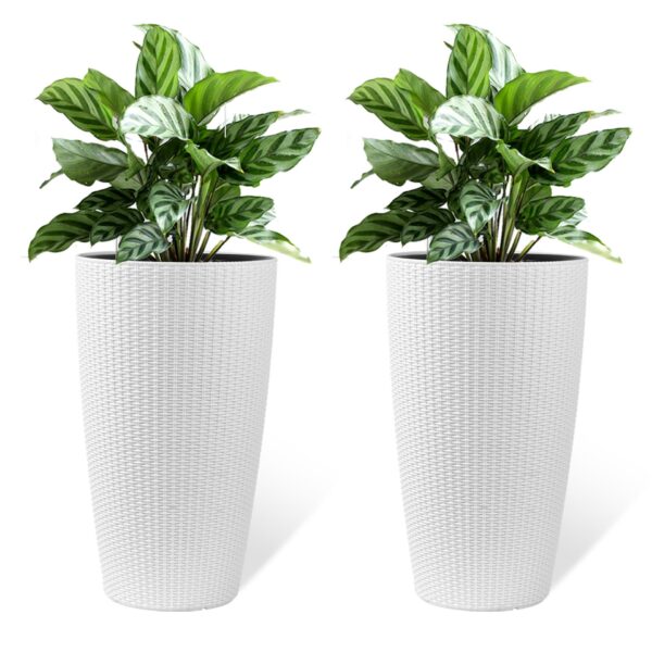 Faux Rattan Tall Planters Set With Water Level Monitor And Automatic Watering, Polypropylene - Black / Gray