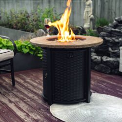 30" Propane Gas Fire Pit Table, 50000 Btu Round Steel Fire Pit With Imitation Wood Grain For Outside Patio Deck Garden Backyard - Black