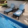 3 Piece Outdoor Patio Lounge Set, 2 Chaise & 1 End Table With Modern Tapered Feet, Pneumatic Adjustable Backrest, Wheels, Sunbrella Cushion - Ember Black / Blue - Image 2