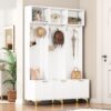 Modern Large Storage Hall Tree With Bench, Luxurious Coat Rack With 6 Hooks And Legs For Entryway, Living Room - White / Gold - Image 2