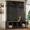 Farmhouse Hall Tree With 4 Hidden Hanging Hooks, Versatile Seating Bench With 8 Doors, Entryway Shoe Cabinet With Open Compartments For Living Room - Black - Image 2