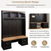 Farmhouse 4 In 1 Hall Tree With Wood Grain Bench And Top, Multifunctional Coat Rack With Hooks And Shell Handles, Mudroom Bench With Adjustable Shelves For Hallway, Living Room - Black - Image 6