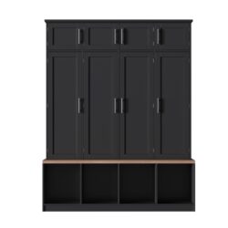 Farmhouse Hall Tree With 4 Hidden Hanging Hooks, Versatile Seating Bench With 8 Doors, Entryway Shoe Cabinet With Open Compartments For Living Room - Black