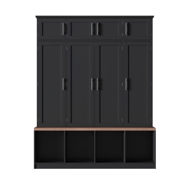 Farmhouse Hall Tree With 4 Hidden Hanging Hooks, Versatile Seating Bench With 8 Doors, Entryway Shoe Cabinet With Open Compartments For Living Room - Black