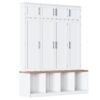Farmhouse Hall Tree With 4 Hidden Hanging Hooks, Versatile Seating Bench With 8 Doors, Entryway Shoe Cabinet With Open Compartments For Living Room - White - Image 9