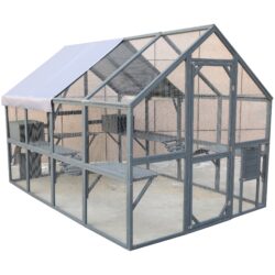 Spacious Wooden Cat Catio Outdoor Kitty House With Bridges And Roof Cover - Gray