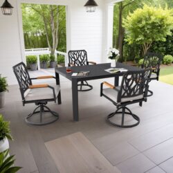 5 Pieces Outdoor Patio Furniture Set, 4 Swivel Rockers Sunbrella Fabric Cushioned, Rectangular Table With Umbrella Hole - Bourbon Brown