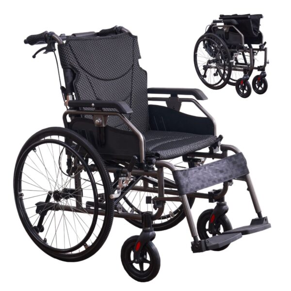 Premium Nursing Folding Wheelchair Frame Double Brakes Adjustable Seat Belt & Breathable Cushion Safe Comfortable Ride With Anti Backflip & Stability Features - Black / Gray