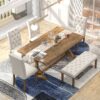 Farmhouse Dining Table Set 6 Piece Wood Rectangular Table With Upholstered Chairs And Bench - Walnut - Image 8